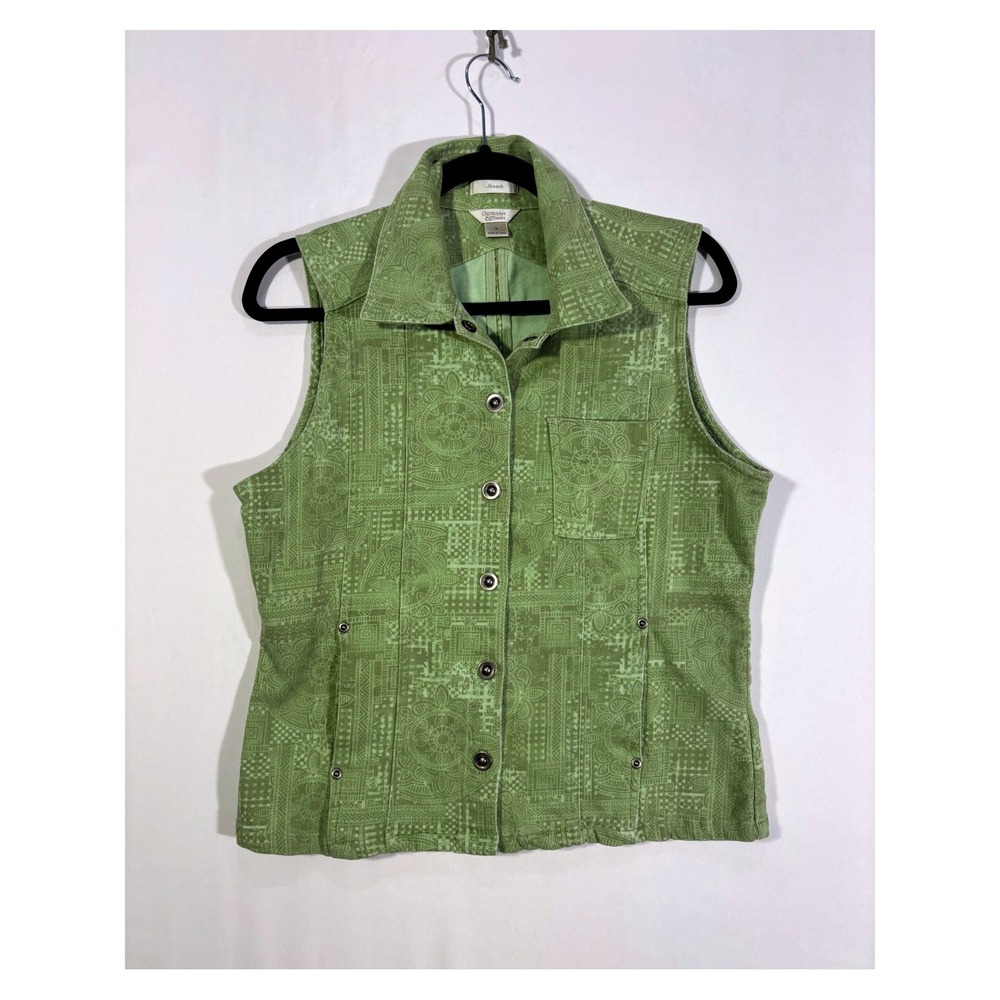 Retro Boho Tile Print Christopher & Banks Denim Vest Women S Green